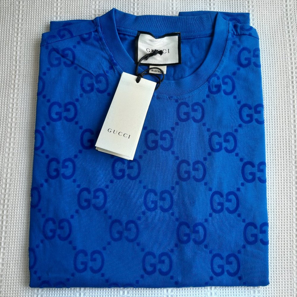 GUCCI MEN BLUE COTTON G LOGO BASIC T-SHIRT